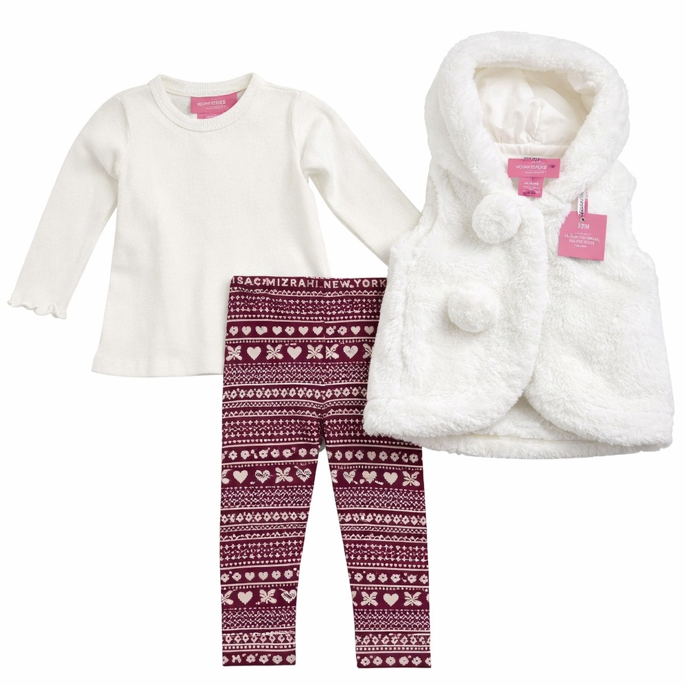 Isaac Mizrahi Baby Girl 24M 3-Piece Outfit Faux Fur Vest Leggings NWT
